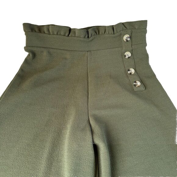 Derek Heart Womans Casual Wide Leg Pants M Olive Green Ruffle Waist Button - Picture 4 of 12